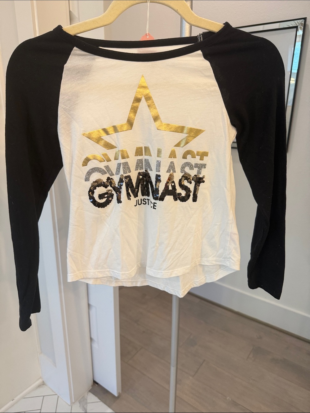 Justice Black & White Gymnast Graphic Raglan Long Sleeve Top